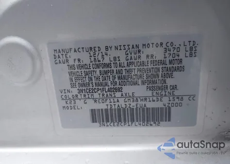 2015 Nissan Versa Note S (Sr)/S Plus/Sl/Sr/Sv from USA, damaged, VIN 3N1CE2CP1FL402692